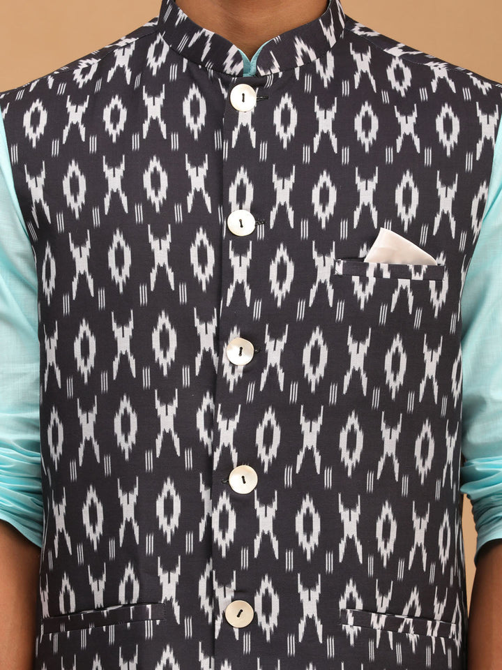 Sarvati Men's Black Ikkat Printed Cotton Nehru Jacket With Aqua Blue Kurta And White Pyjama Set