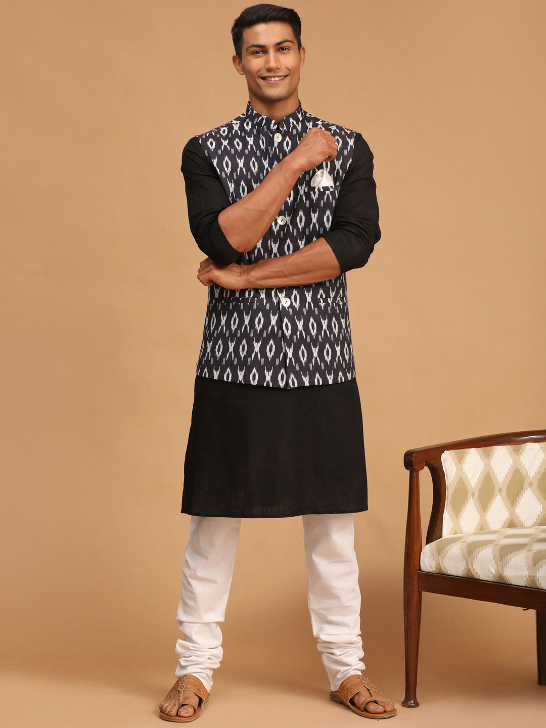 Sarvati Men's Black Ikaat Printede Cotton Nehru Jacket With Black Kurta And White Pyjama Set