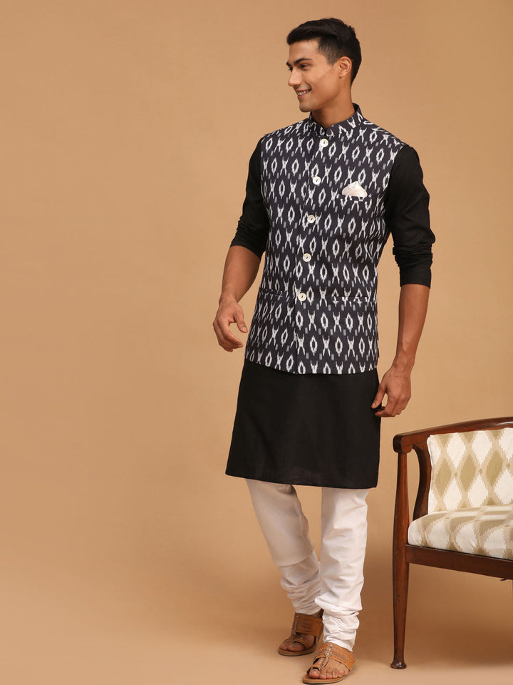 Sarvati Men's Black Ikaat Printede Cotton Nehru Jacket With Black Kurta And White Pyjama Set