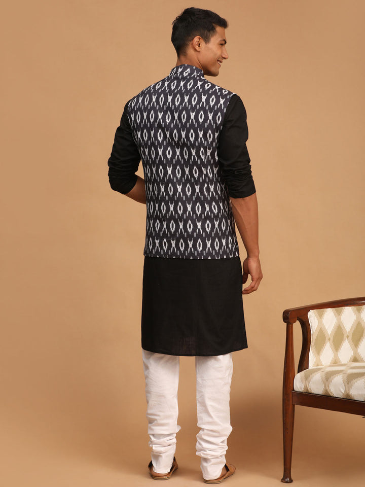 Sarvati Men's Black Ikaat Printede Cotton Nehru Jacket With Black Kurta And White Pyjama Set