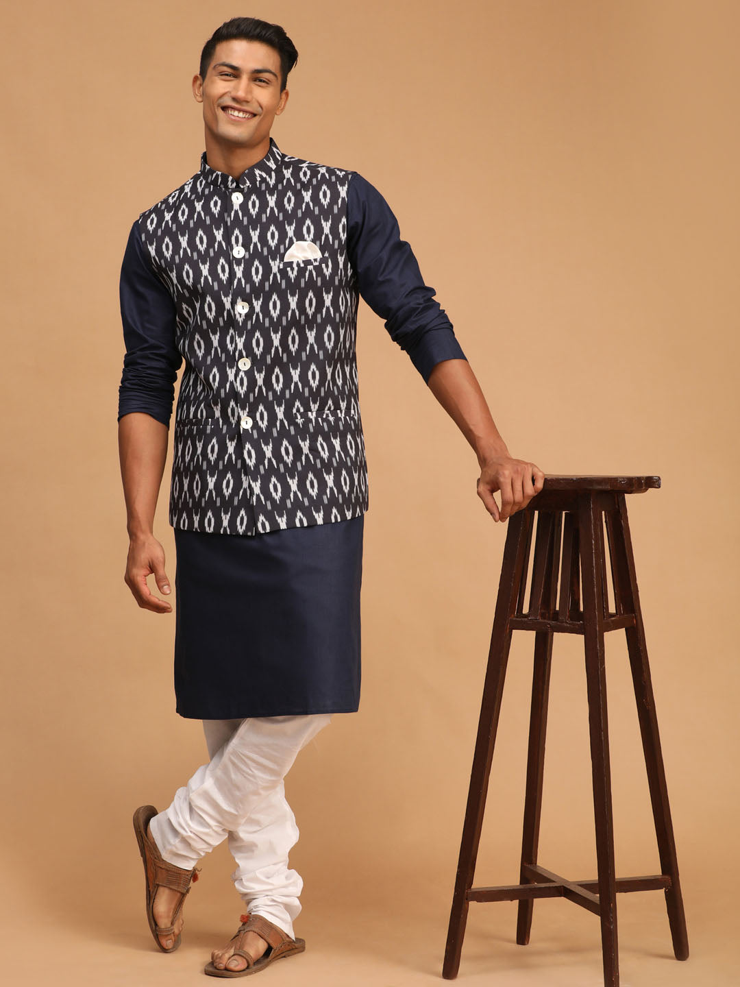 Sarvati Men's Black Ikkat Printed Cotton Nehru Jacket With Navy Blue Kurta And White Pyjama Set