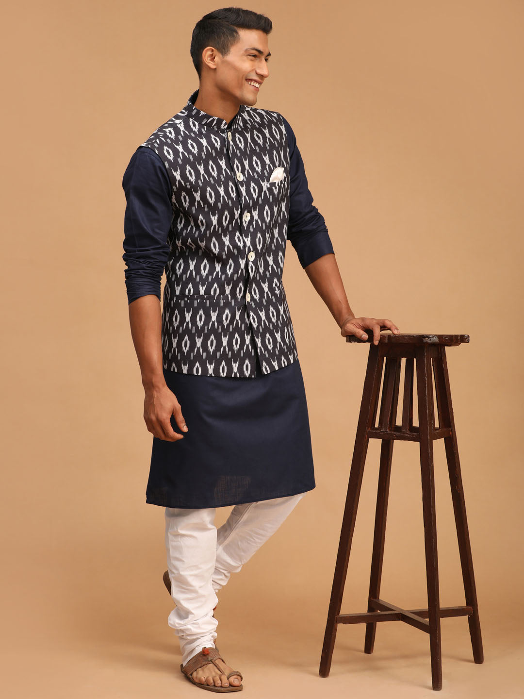 Sarvati Men's Black Ikkat Printed Cotton Nehru Jacket With Navy Blue Kurta And White Pyjama Set