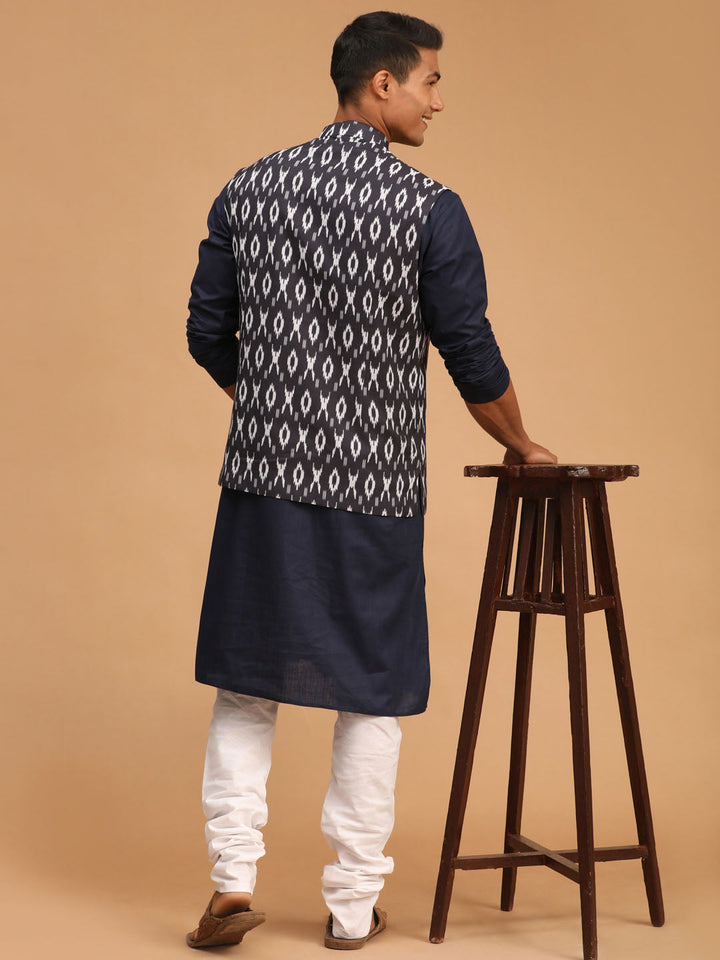 Sarvati Men's Black Ikkat Printed Cotton Nehru Jacket With Navy Blue Kurta And White Pyjama Set