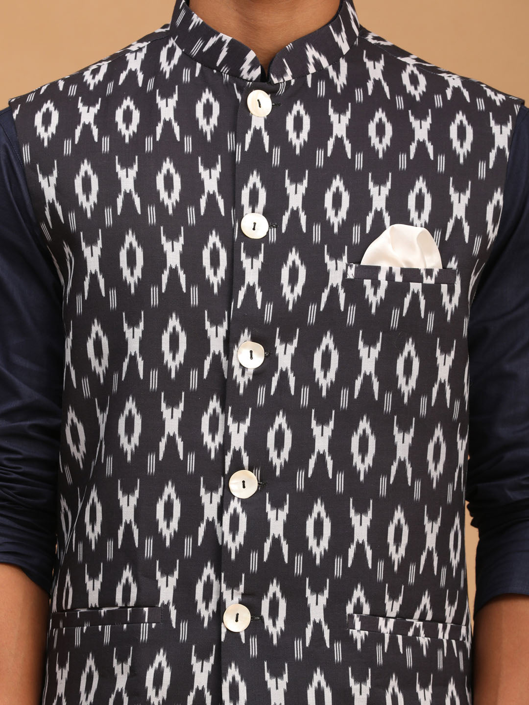 Sarvati Men's Black Ikkat Printed Cotton Nehru Jacket With Navy Blue Kurta And White Pyjama Set