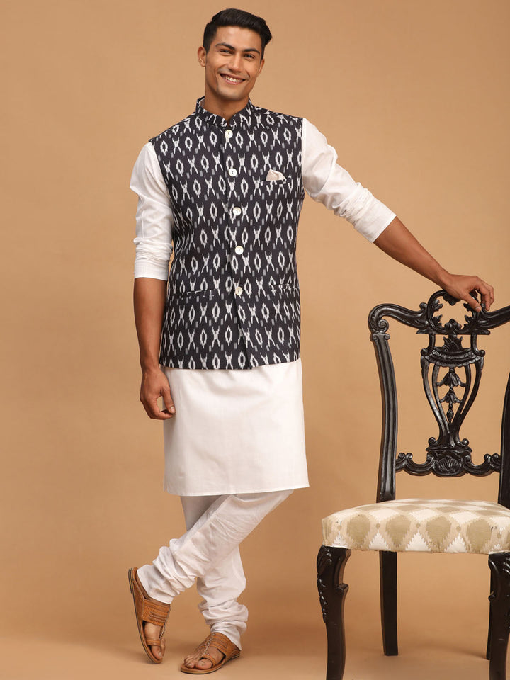 Sarvati Men's Black Ikkat Printed Cotton Nehru Jacket With White Kurta And Pyjama Set