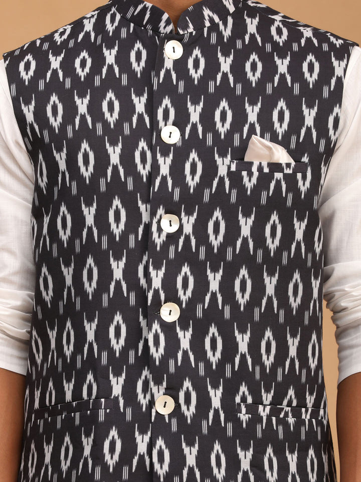 Sarvati Men's Black Ikkat Printed Cotton Nehru Jacket With White Kurta And Pyjama Set