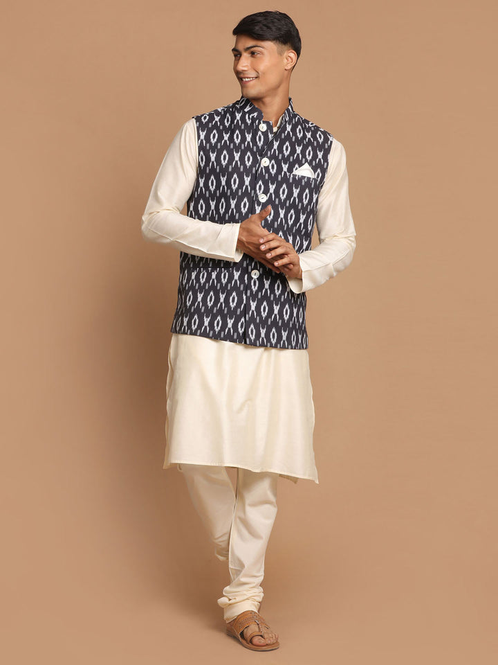 Sarvati Men's Black  Nehru Jacket  With Cream Kurta And Pyjama Set