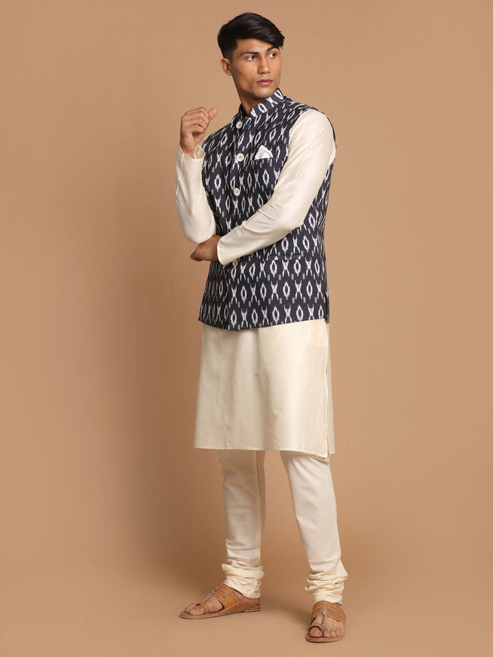 Sarvati Men's Black  Nehru Jacket  With Cream Kurta And Pyjama Set