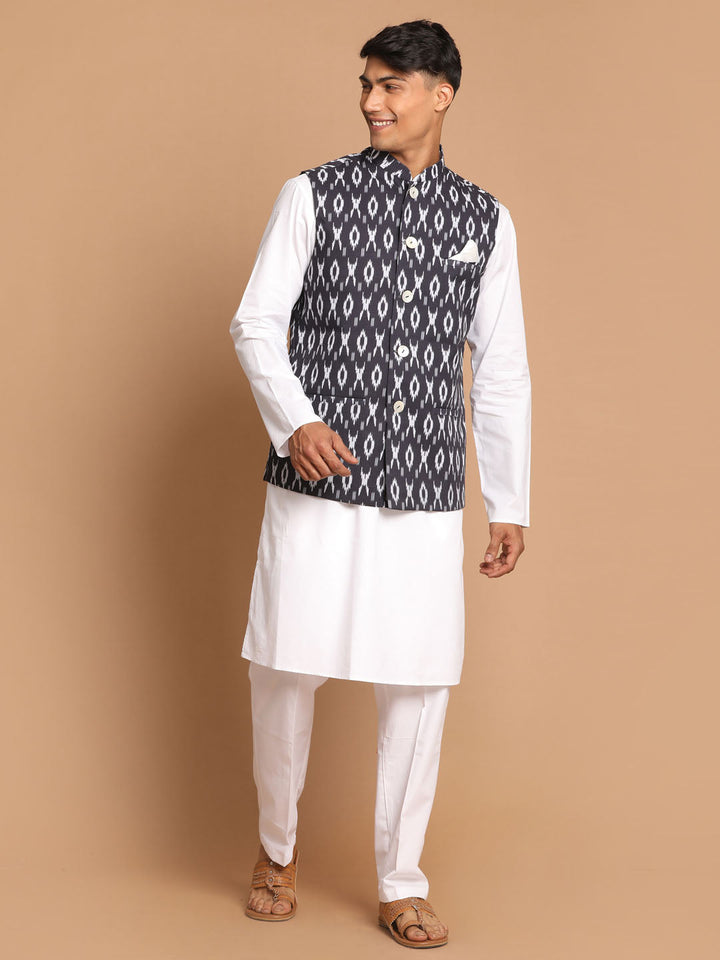 Sarvati Men's Black and white printed Nehru jacket With White Kurta Pyjama