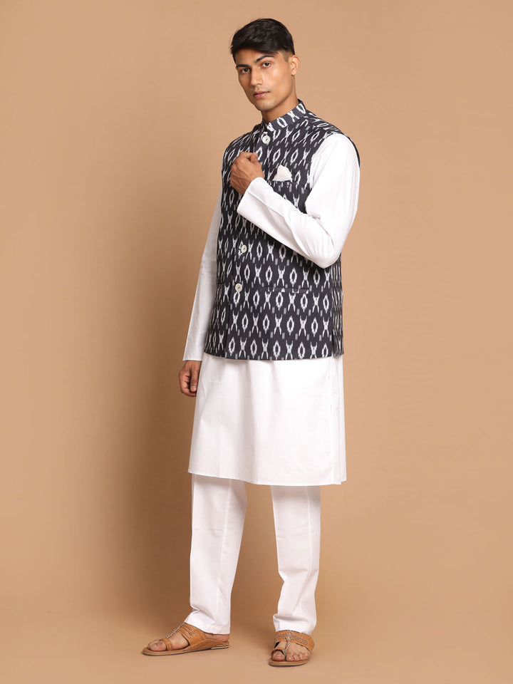 Sarvati Men's Black and white printed Nehru jacket With White Kurta Pyjama