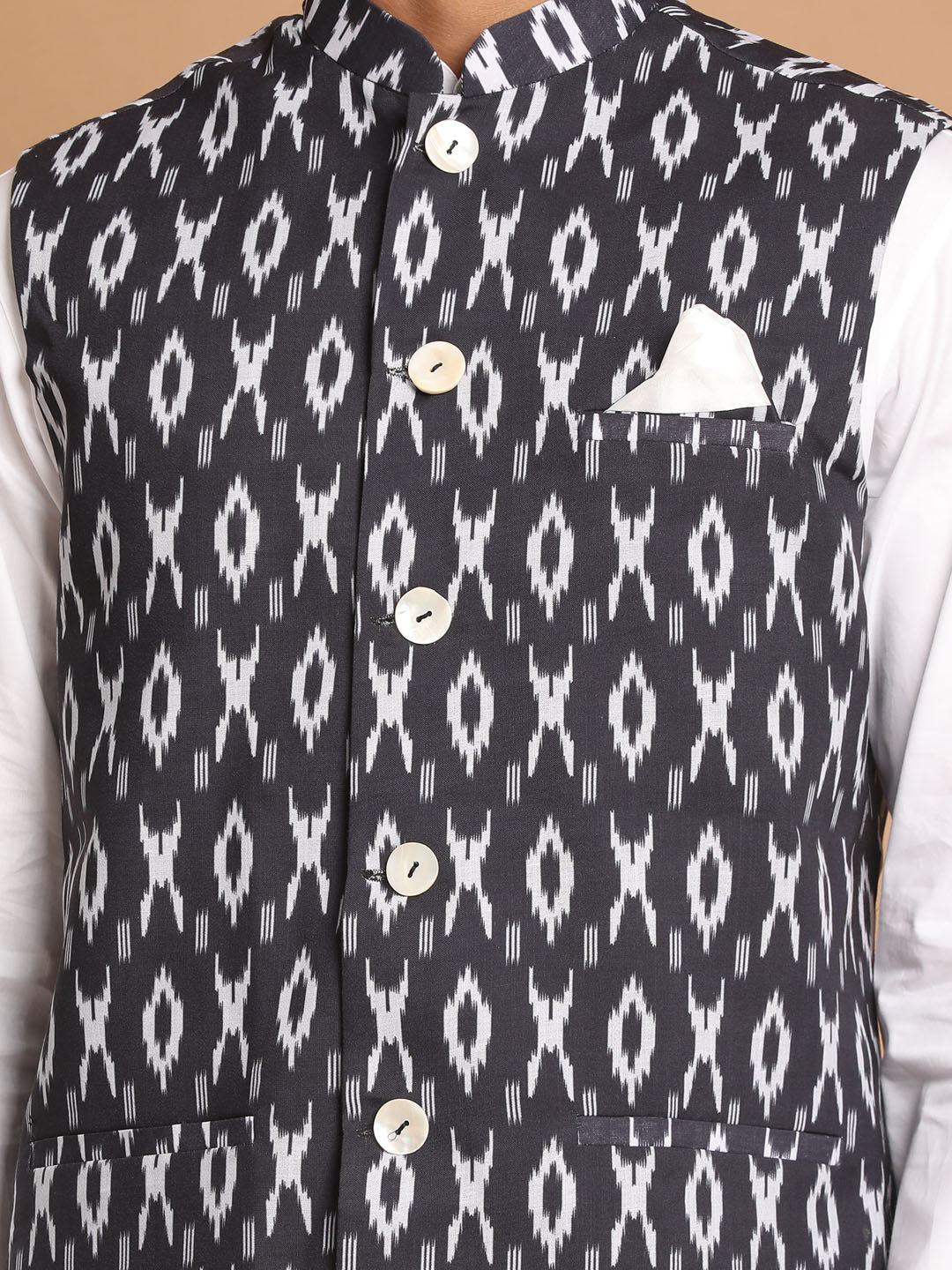 Sarvati Men's Black and white printed Nehru jacket With White Kurta Pyjama