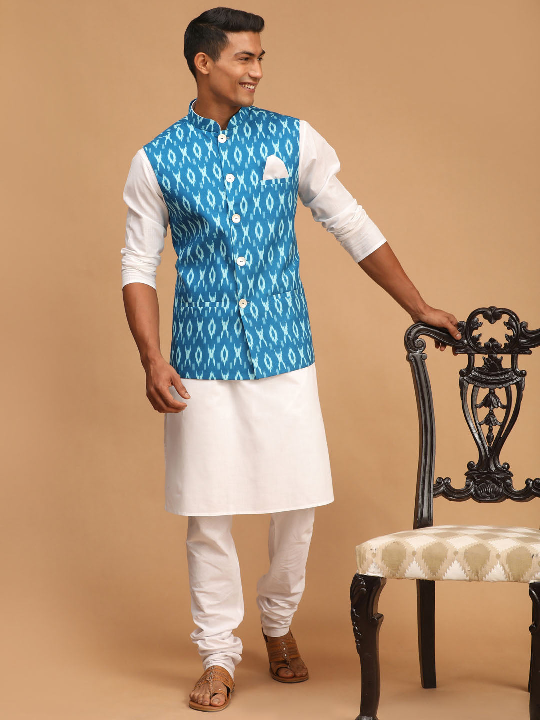 Sarvati Men's Turquoise Cotton Nehru Jacket With White Kurta And Pyjama Set