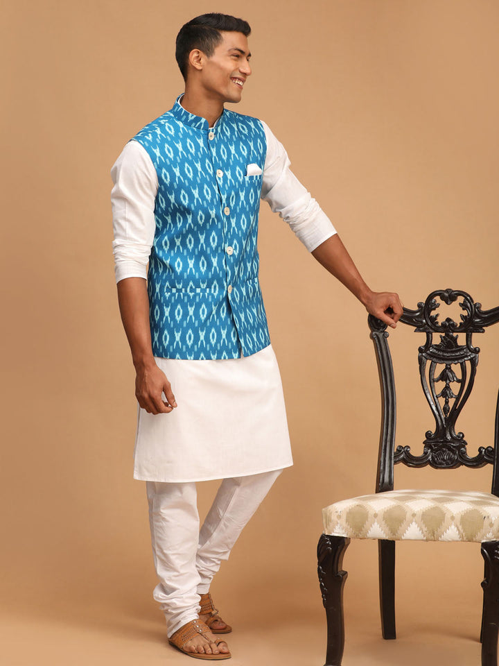 Sarvati Men's Turquoise Cotton Nehru Jacket With White Kurta And Pyjama Set