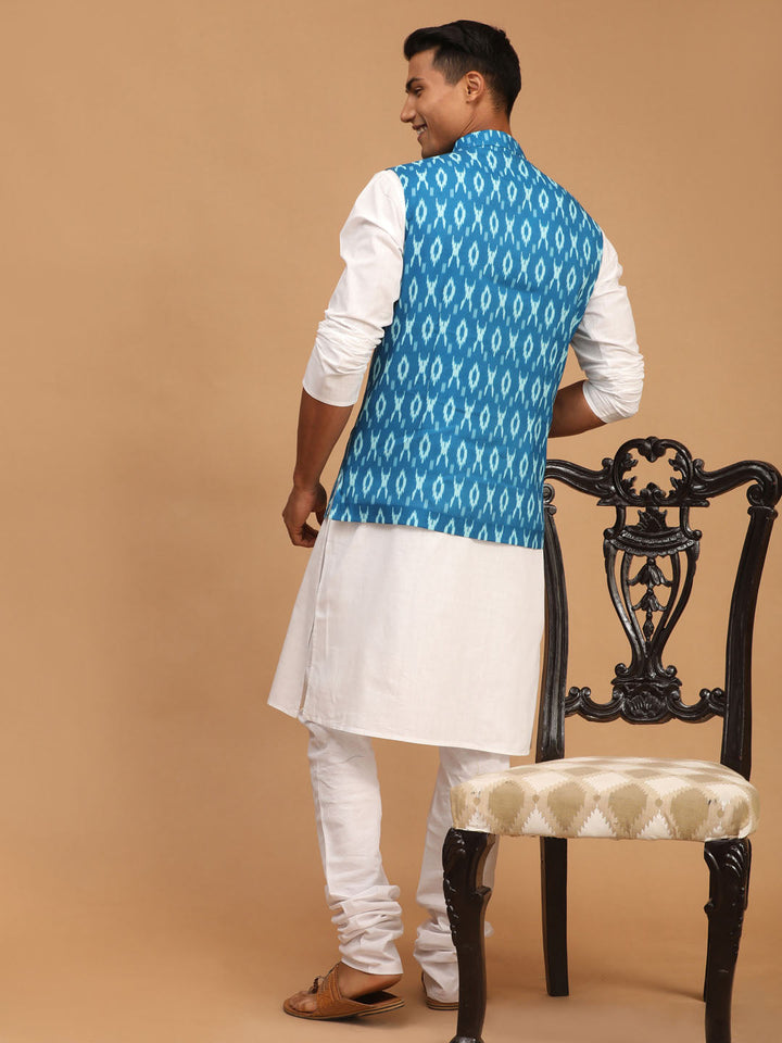 Sarvati Men's Turquoise Cotton Nehru Jacket With White Kurta And Pyjama Set