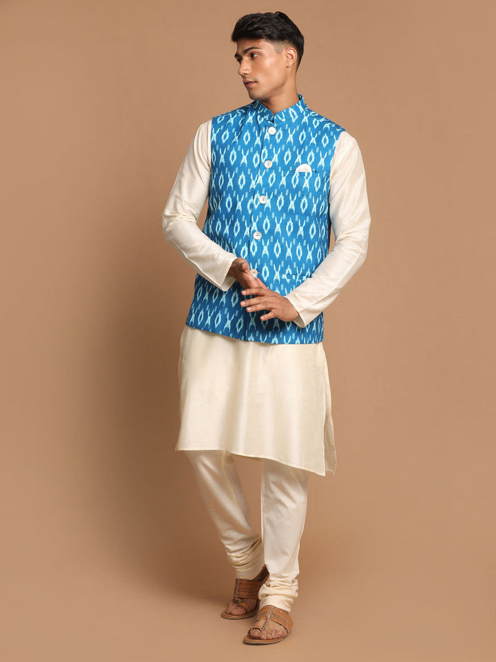 Sarvati Men's Turquoise Cotton Nehru Jacket  With Cream Kurta And Pyjama Set