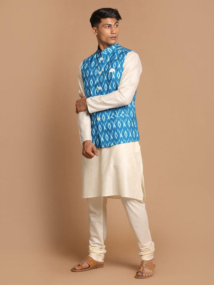 Sarvati Men's Turquoise Cotton Nehru Jacket  With Cream Kurta And Pyjama Set