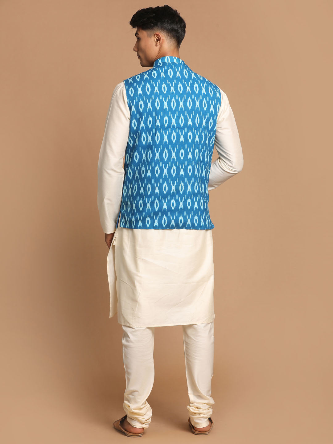 Sarvati Men's Turquoise Cotton Nehru Jacket  With Cream Kurta And Pyjama Set