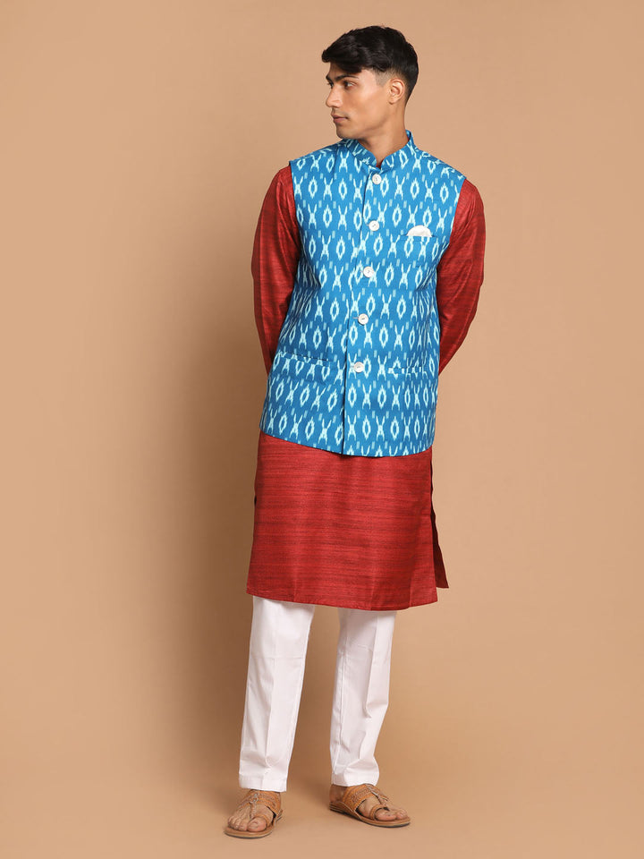 Sarvati Men's Turquoise Cotton Nehru Jacket  With Maroon Kurta And Pyjama Set