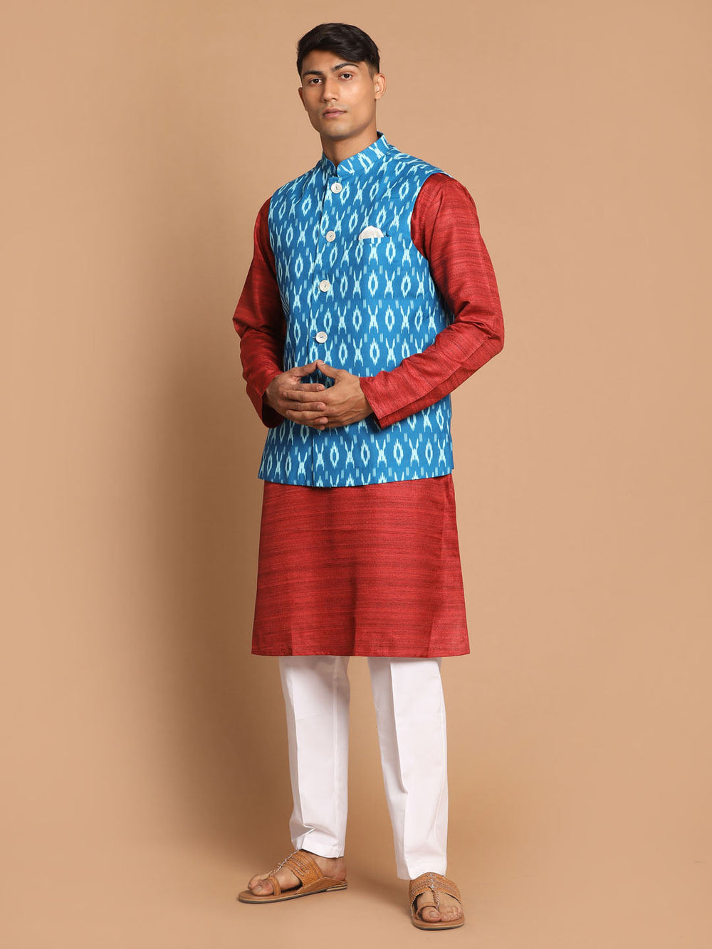 Sarvati Men's Turquoise Cotton Nehru Jacket  With Maroon Kurta And Pyjama Set