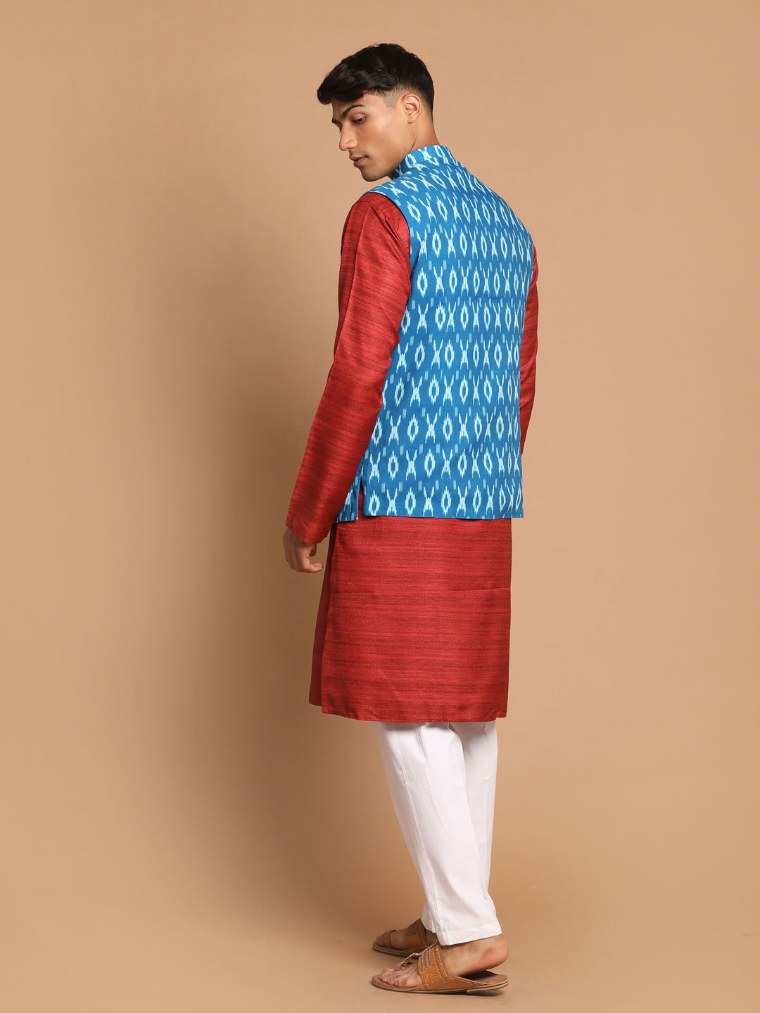 Sarvati Men's Turquoise Cotton Nehru Jacket  With Maroon Kurta And Pyjama Set