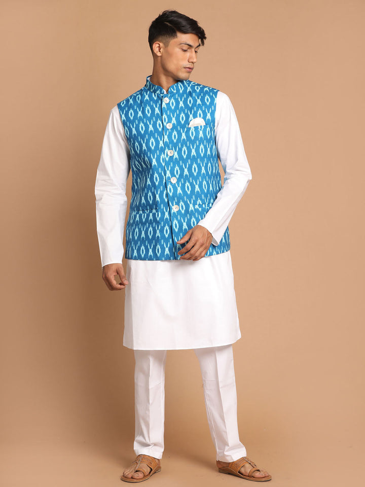 Sarvati Men's Turquoise Cotton Nehru Jacket With White Kurta And Pant Set