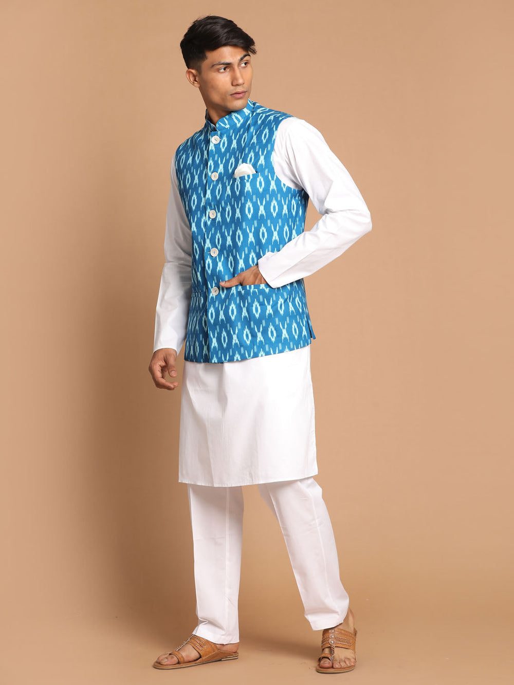 Sarvati Men's Turquoise Cotton Nehru Jacket With White Kurta And Pant Set