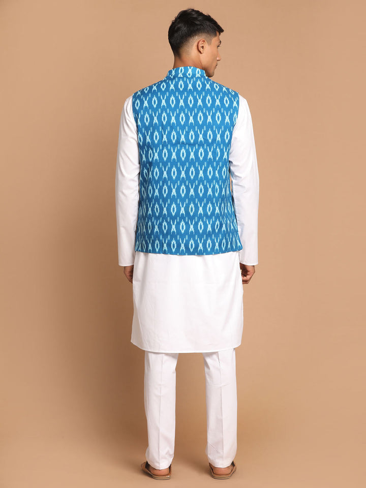 Sarvati Men's Turquoise Cotton Nehru Jacket With White Kurta And Pant Set