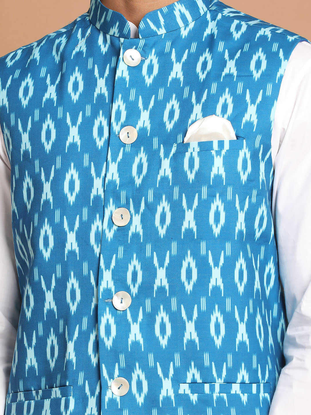 Sarvati Men's Turquoise Cotton Nehru Jacket With White Kurta And Pant Set