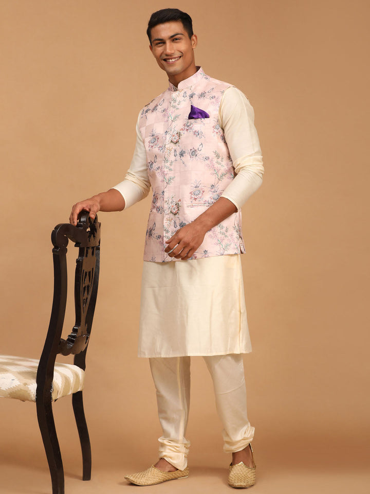 Sarvati Light Pink Floral Print Nehru Jacket And Cream Solid Kurta With Pyjama Set