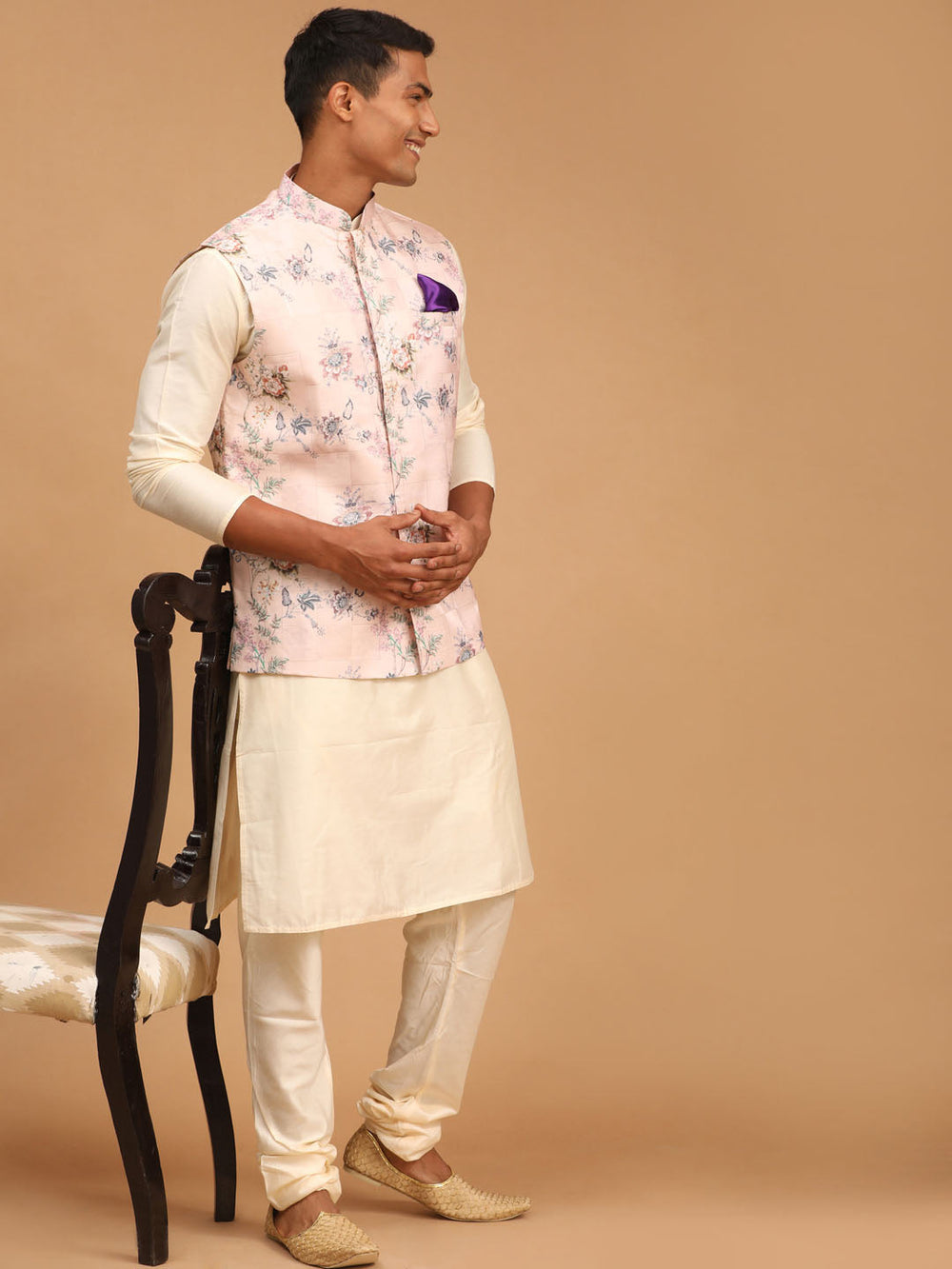 Sarvati Light Pink Floral Print Nehru Jacket And Cream Solid Kurta With Pyjama Set