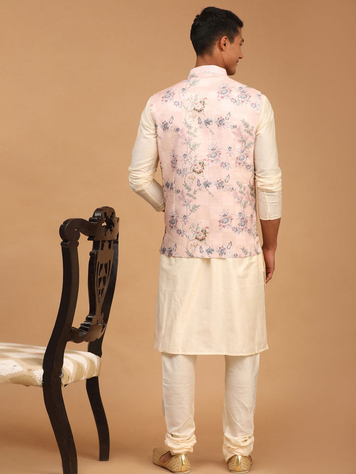 Sarvati Light Pink Floral Print Nehru Jacket And Cream Solid Kurta With Pyjama Set