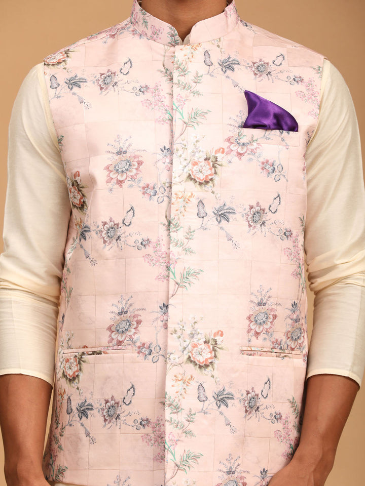 Sarvati Light Pink Floral Print Nehru Jacket And Cream Solid Kurta With Pyjama Set