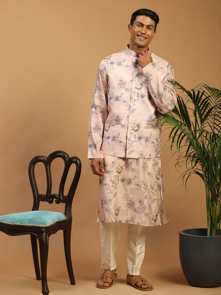 Sarvati Light Pink Floral Print Nehru Jacket And Pink Printed Kurta With Cream Viscose Pant Set