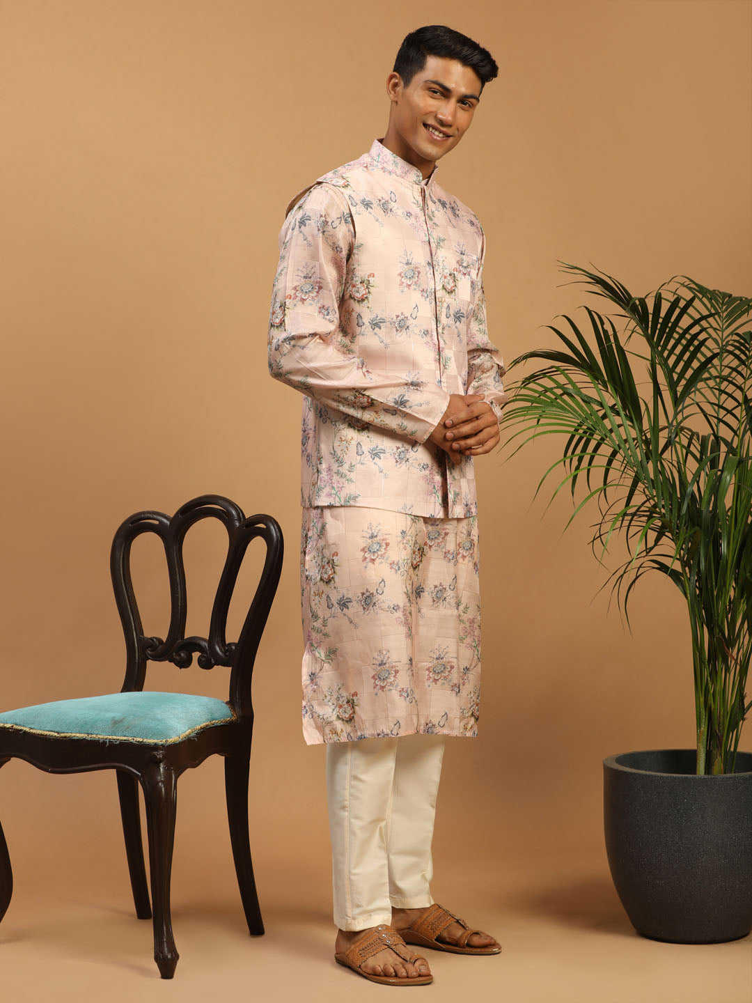 Sarvati Light Pink Floral Print Nehru Jacket And Pink Printed Kurta With Cream Viscose Pant Set