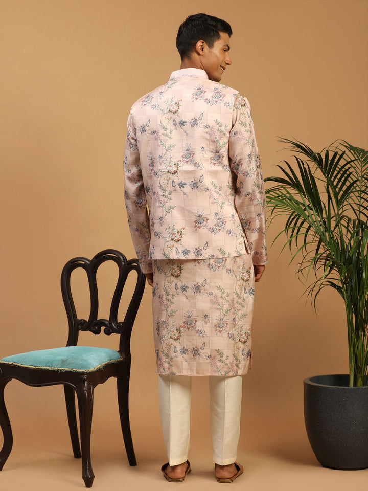 Sarvati Light Pink Floral Print Nehru Jacket And Pink Printed Kurta With Cream Viscose Pant Set