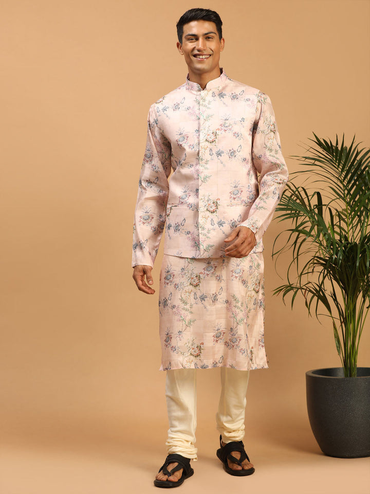 Sarvati Light Pink Floral Print Nehru Jacket And Pink Printed Kurta With Cream Pyjama Set