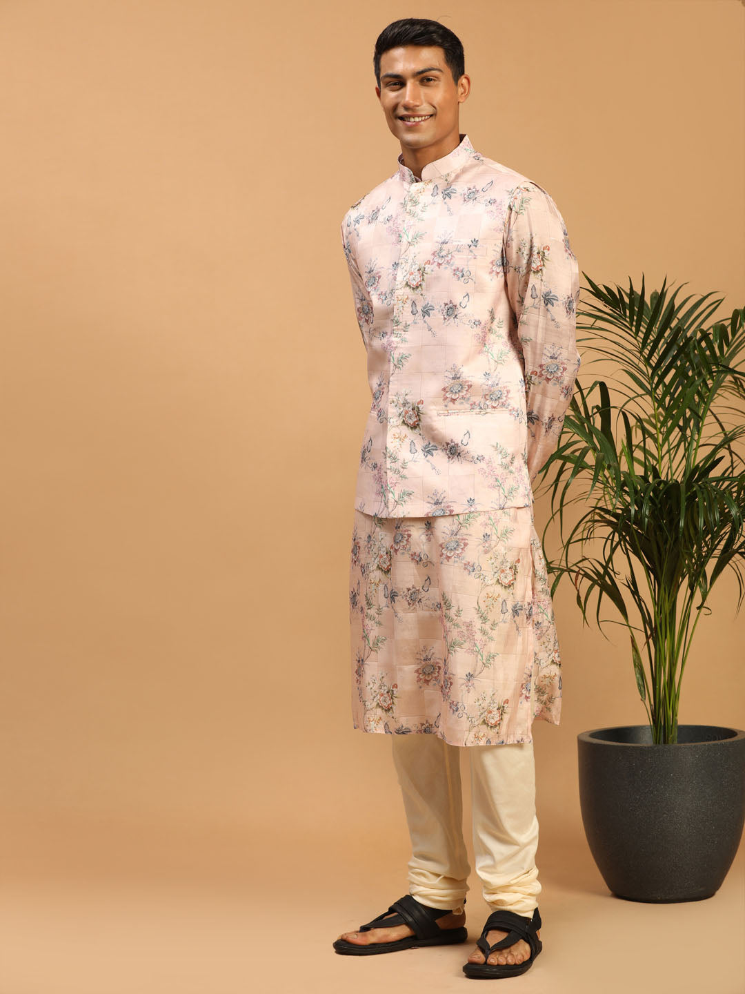 Sarvati Light Pink Floral Print Nehru Jacket And Pink Printed Kurta With Cream Pyjama Set