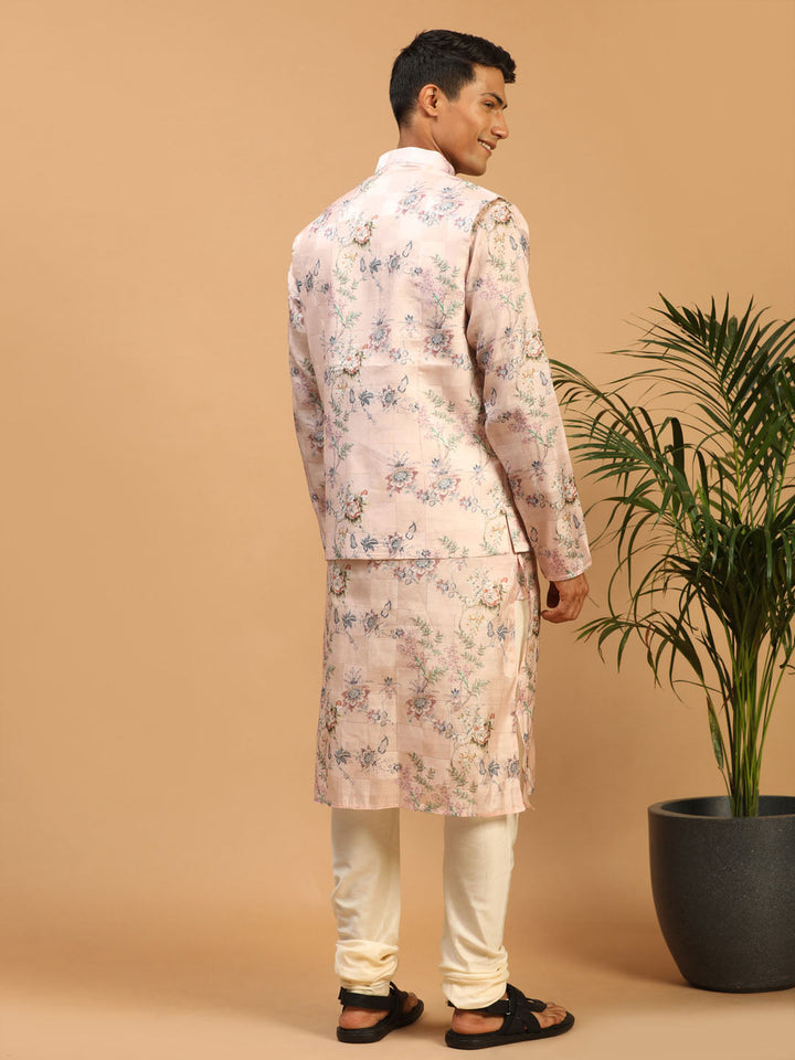 Sarvati Light Pink Floral Print Nehru Jacket And Pink Printed Kurta With Cream Pyjama Set