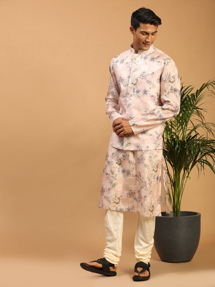 Sarvati Light Pink Floral Print Nehru Jacket And Pink Printed Kurta With Cream Pyjama Set