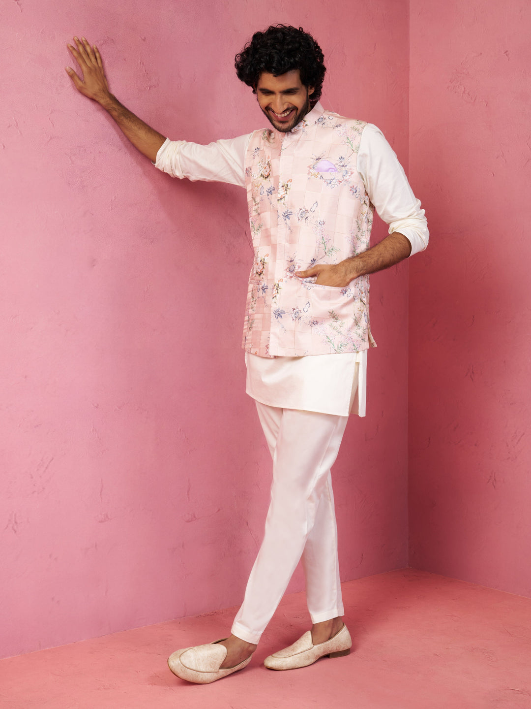Men's Peach Silk Nehru Jacket with Cream Kurta Pyjama