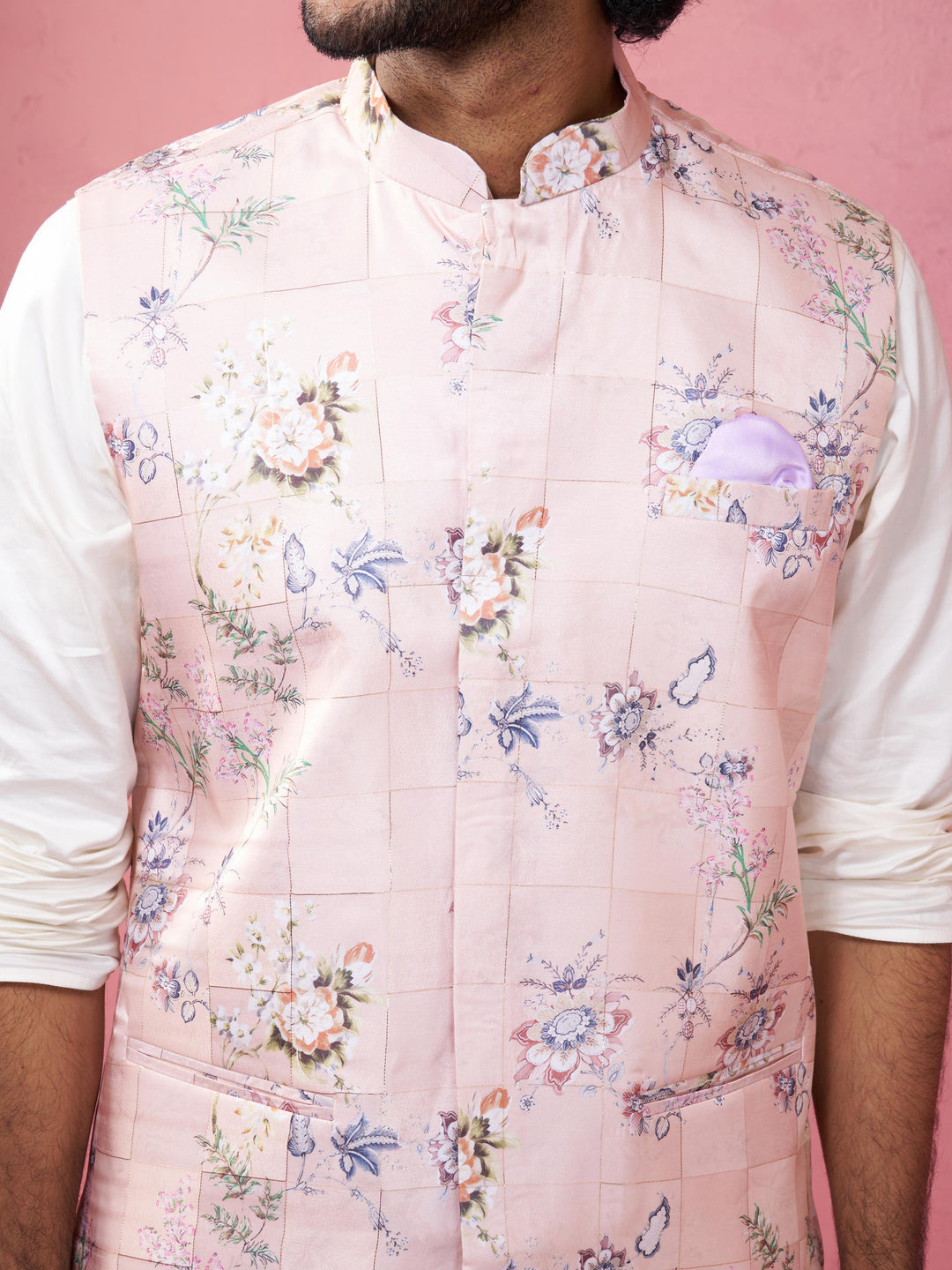 Men's Peach Silk Nehru Jacket with Cream Kurta Pyjama