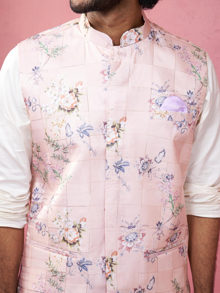 Men's Peach Silk Nehru Jacket with Cream Kurta Pyjama