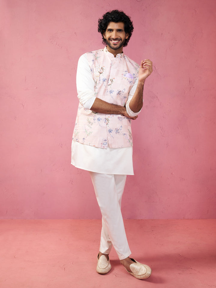 Men's Peach Silk Nehru Jacket with Cream Kurta Pyjama