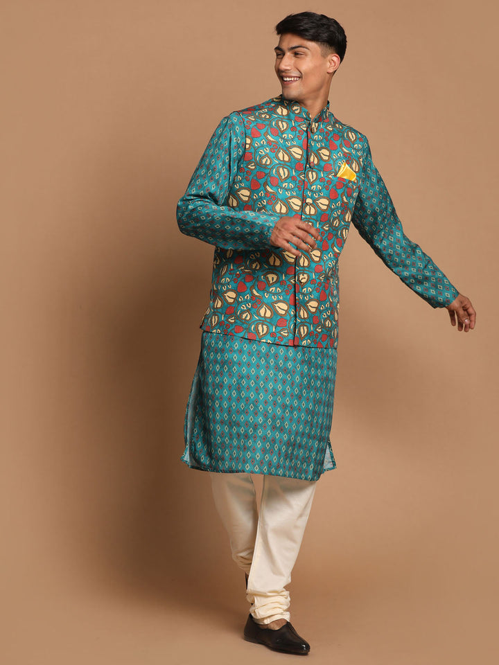 Sarvati Men's Green Printed Nehru Jacket And kurta With Cream Pyjama Set