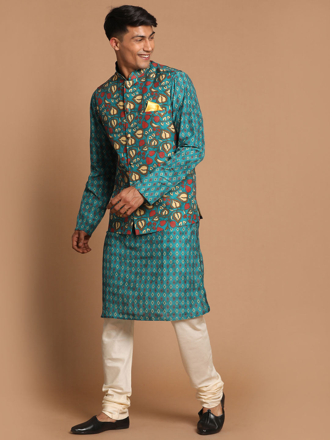 Sarvati Men's Green Printed Nehru Jacket And kurta With Cream Pyjama Set