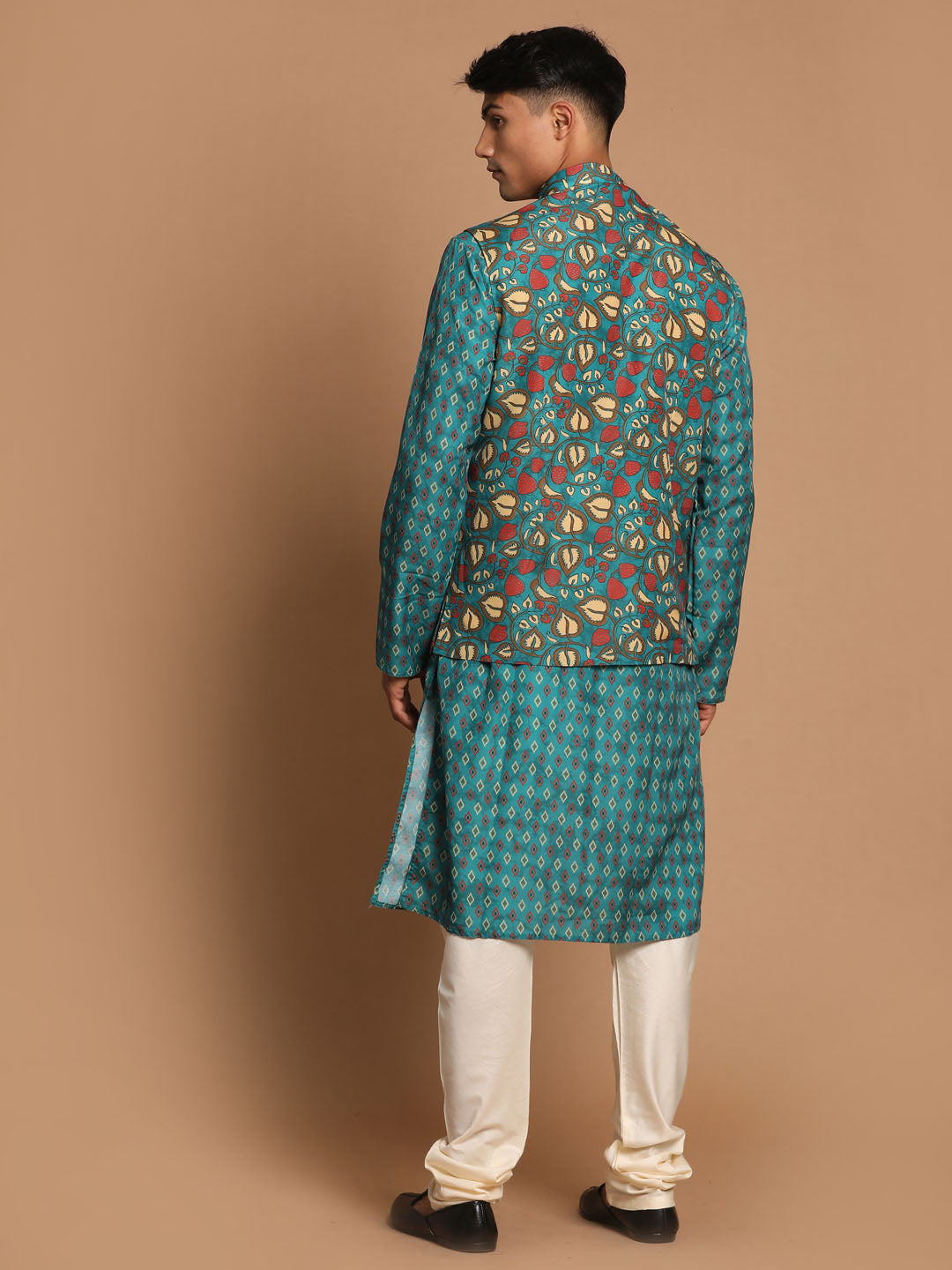 Sarvati Men's Green Printed Nehru Jacket And kurta With Cream Pyjama Set