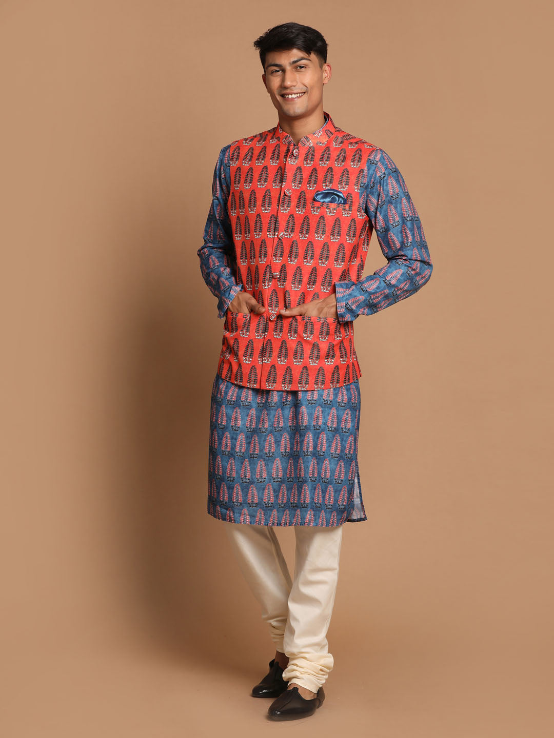 Sarvati Men's Orange Printed Nehru Jacket And Blue kurta With Pyjama Set