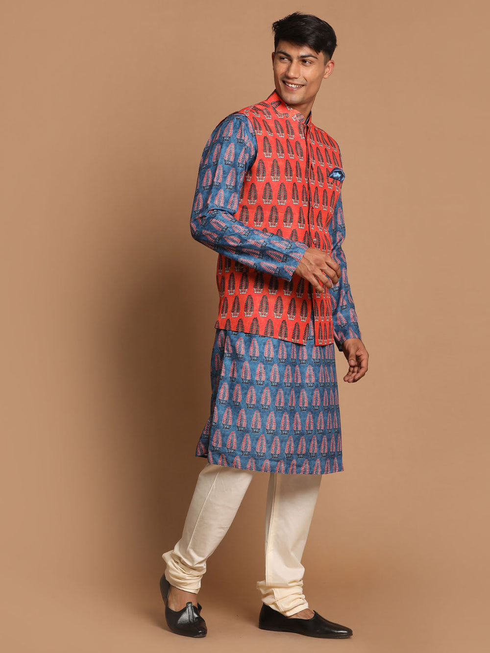 Sarvati Men's Orange Printed Nehru Jacket And Blue kurta With Pyjama Set