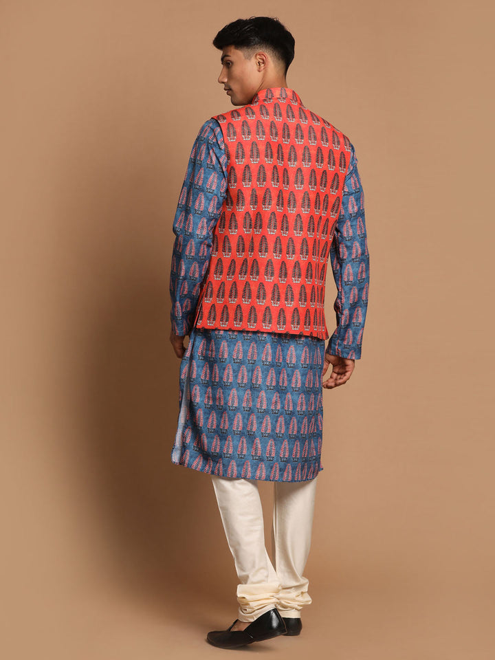 Sarvati Men's Orange Printed Nehru Jacket And Blue kurta With Pyjama Set