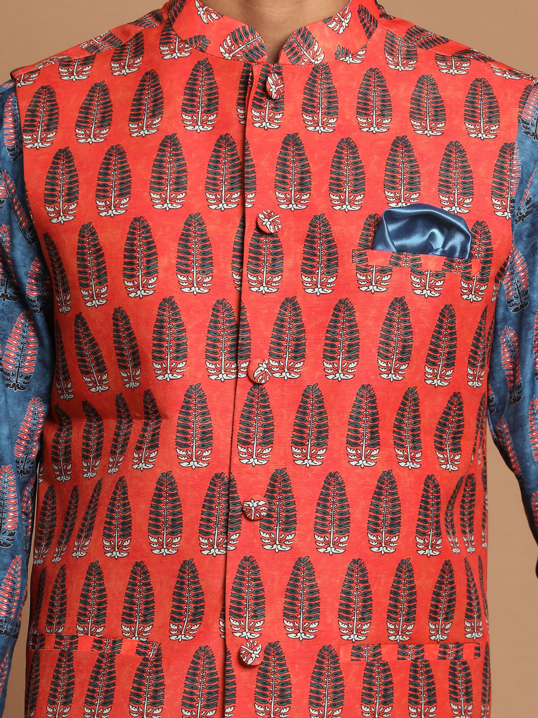 Sarvati Men's Orange Printed Nehru Jacket And Blue kurta With Pyjama Set